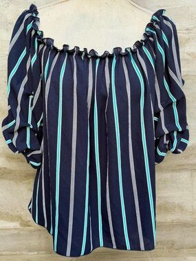 Color Swatch Off Shoulder Striped Blouse Size Large Navy Blue Top